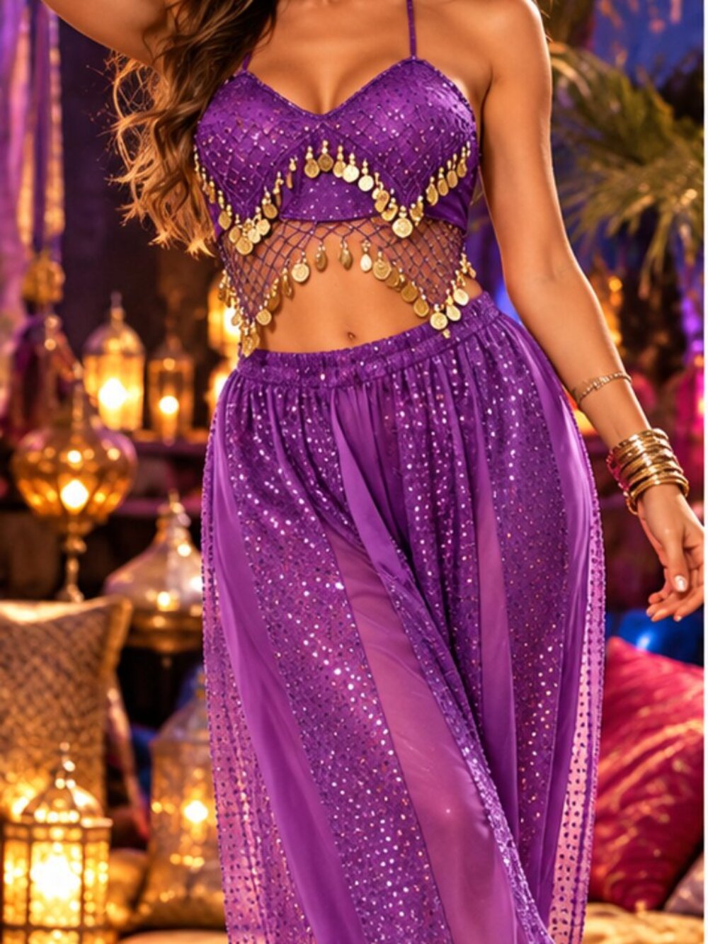 Purple Belly Dance Costume Set - Sequin and Gold Coin Harem Pants